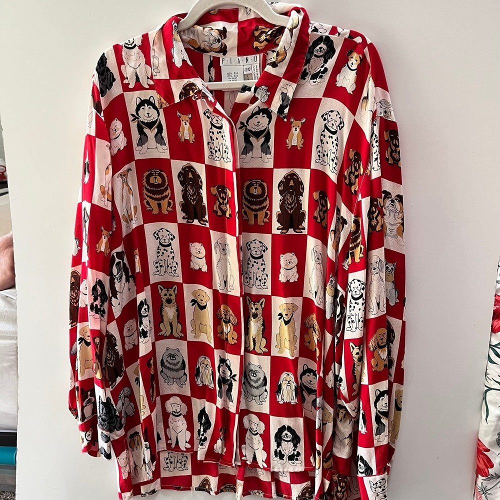 Red Dog Print Button-Up Women's Top